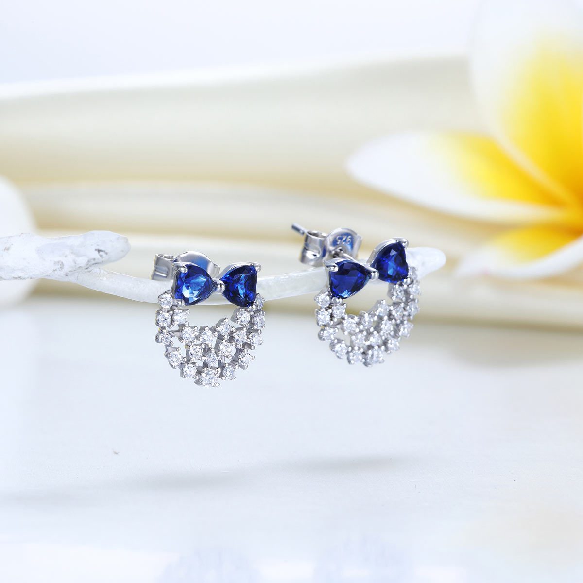 Solid 925 Sterling Silver Stud Earrings Blue Created Diamonds