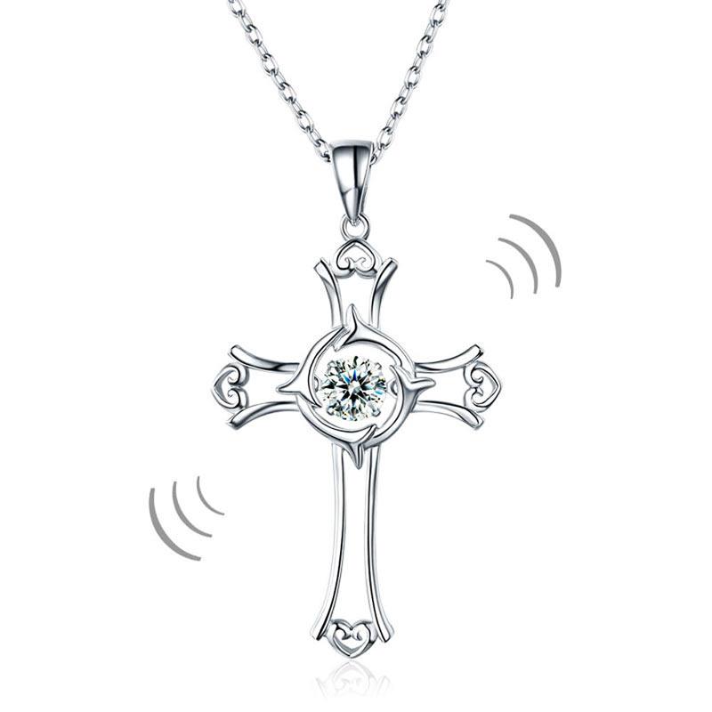 Dancing Stone Heart Cross Pendant Necklace 925 Sterling Silver XFN8049