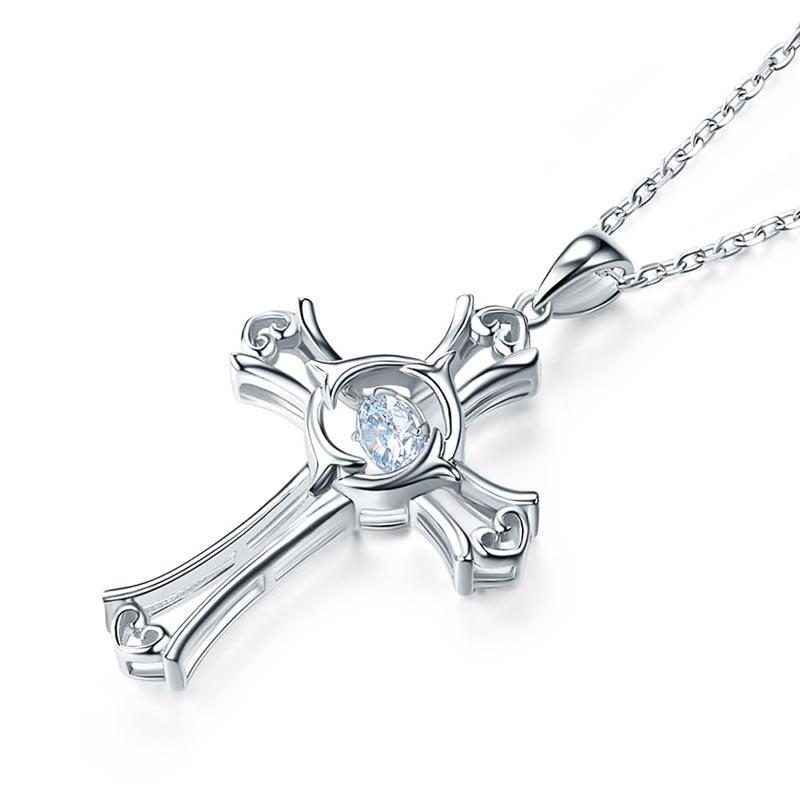 Dancing Stone Heart Cross Pendant Necklace 925 Sterling Silver XFN8049