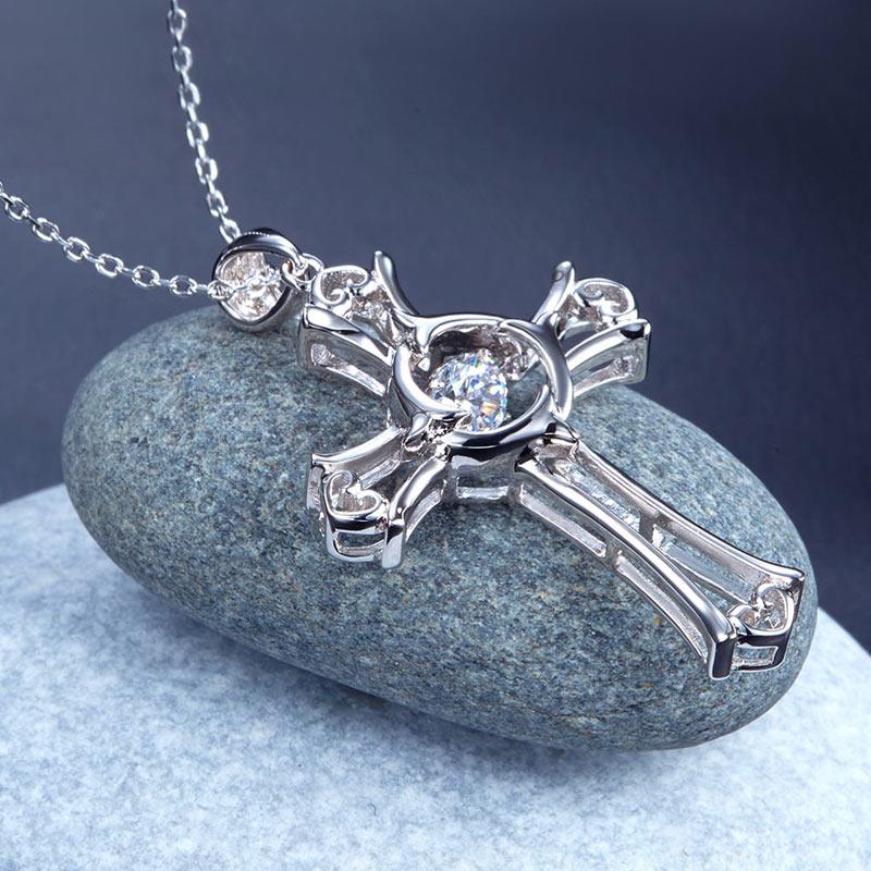 Dancing Stone Heart Cross Pendant Necklace 925 Sterling Silver XFN8049