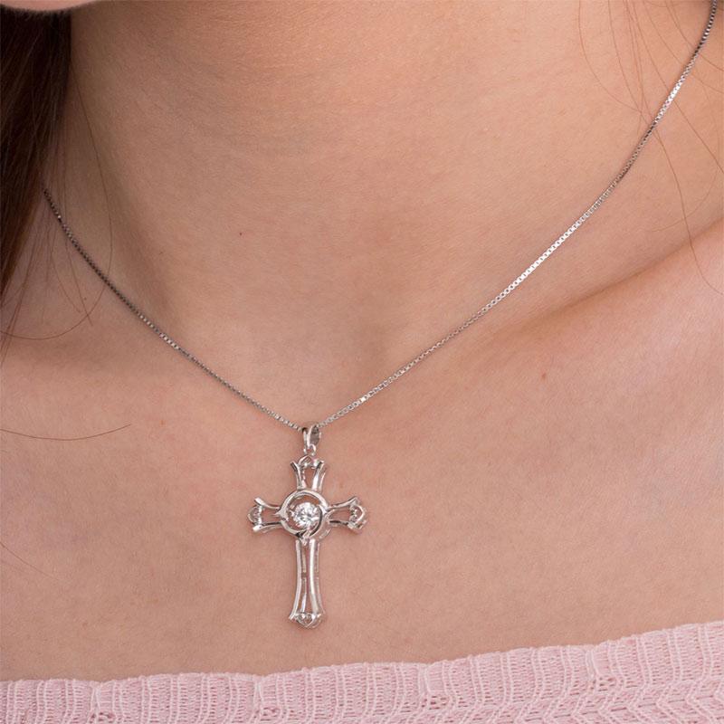 Dancing Stone Heart Cross Pendant Necklace 925 Sterling Silver XFN8049