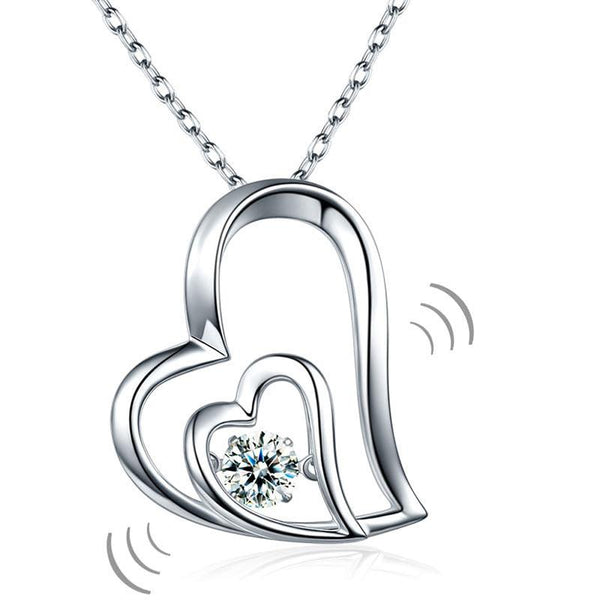 Dancing Stone Double Heart Pendant Necklace 925 Sterling Silver Good for Bridal
