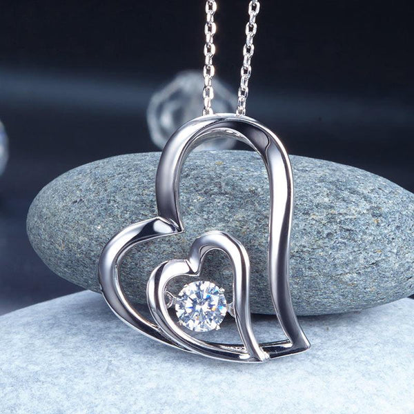 Dancing Stone Double Heart Pendant Necklace 925 Sterling Silver Good for Bridal