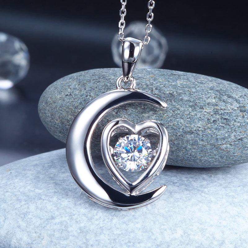 Dancing Stone Moon Heart Pendant Necklace 925 Sterling Silver Good for Bridal Br