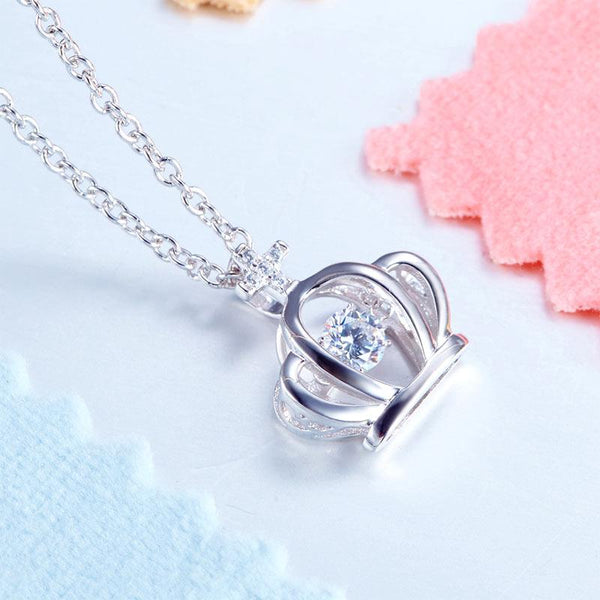 Crown Dancing Stone Kids Girl Pendant Necklace Solid 925 Sterling Silver Childre