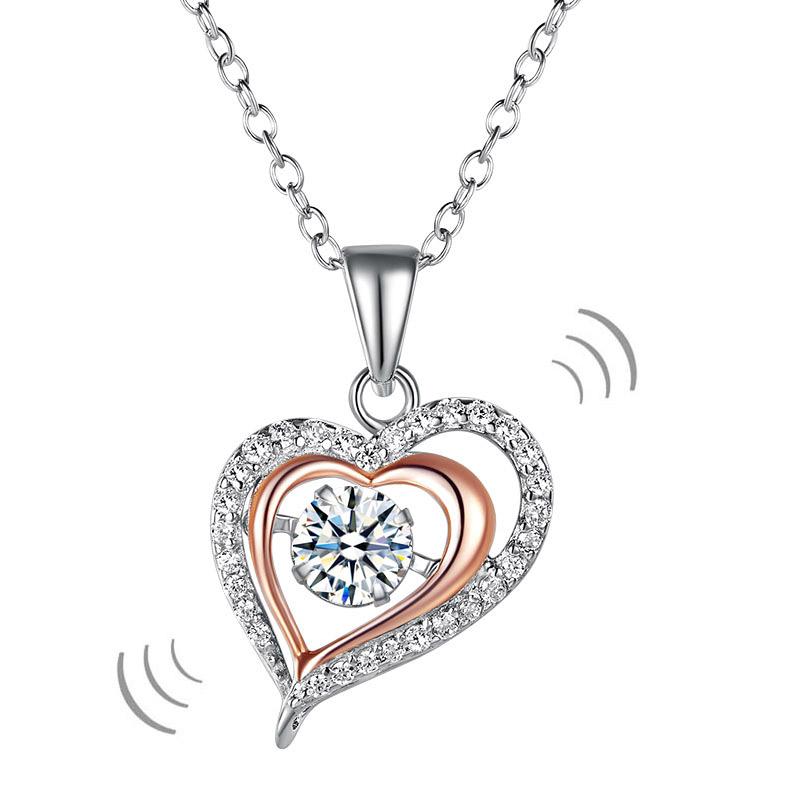 Double Heart Dancing Stone Pendant Necklace 925 Sterling Silver XFN8078