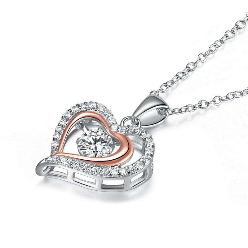 Double Heart Dancing Stone Pendant Necklace 925 Sterling Silver XFN8078