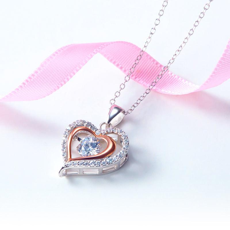 Double Heart Dancing Stone Pendant Necklace 925 Sterling Silver XFN8078