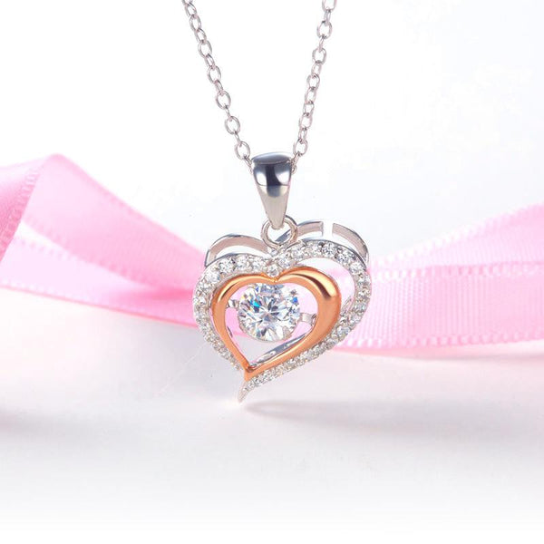 Double Heart Dancing Stone Pendant Necklace 925 Sterling Silver XFN8078