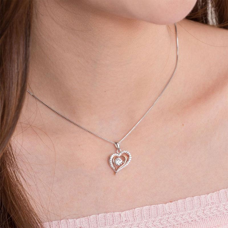 Double Heart Dancing Stone Pendant Necklace 925 Sterling Silver XFN8078