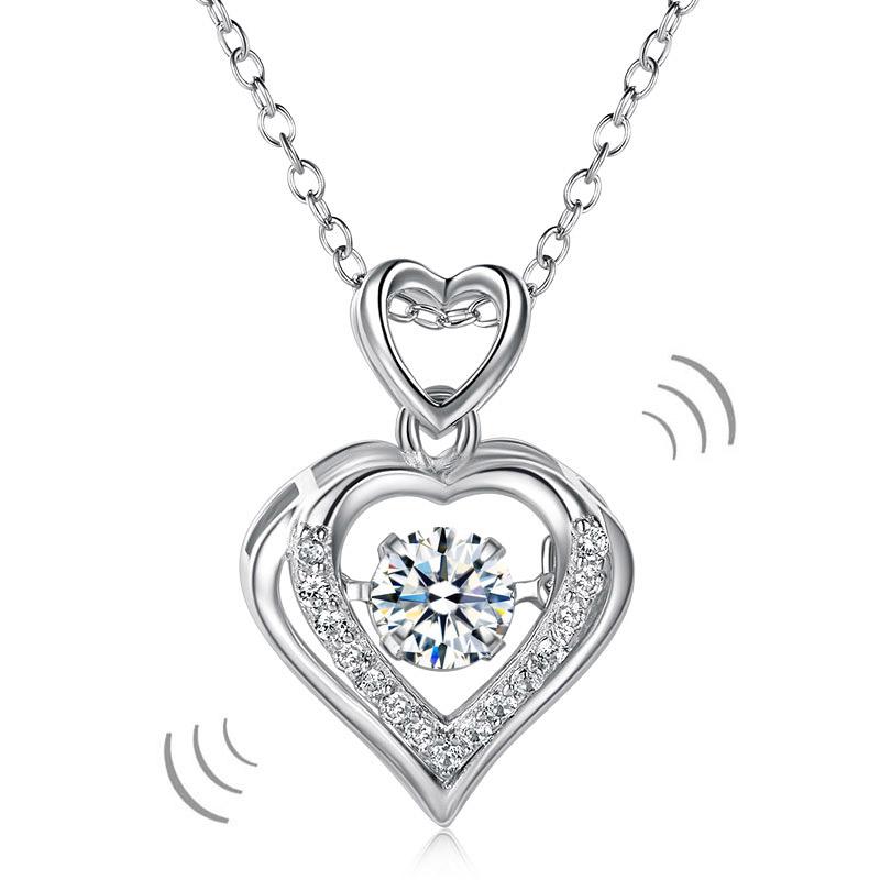 Double Heart Dancing Stone Pendant Necklace 925 Sterling Silver Good for Wedding