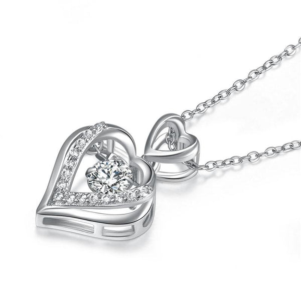 Double Heart Dancing Stone Pendant Necklace 925 Sterling Silver Good for Wedding