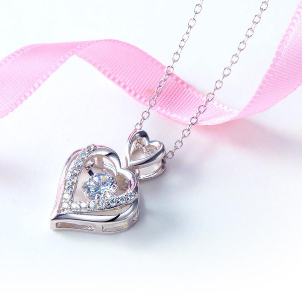 Double Heart Dancing Stone Pendant Necklace 925 Sterling Silver Good for Wedding