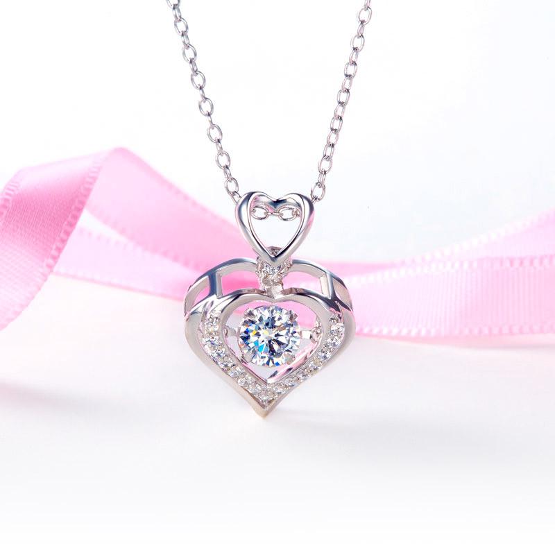 Double Heart Dancing Stone Pendant Necklace 925 Sterling Silver Good for Wedding