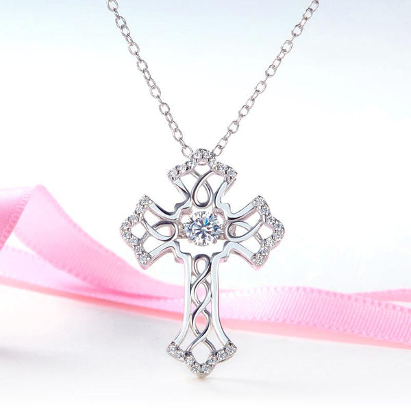 Vintage Style Cross Dancing Stone Pendant Necklace 925 Sterling Silver XFN8080