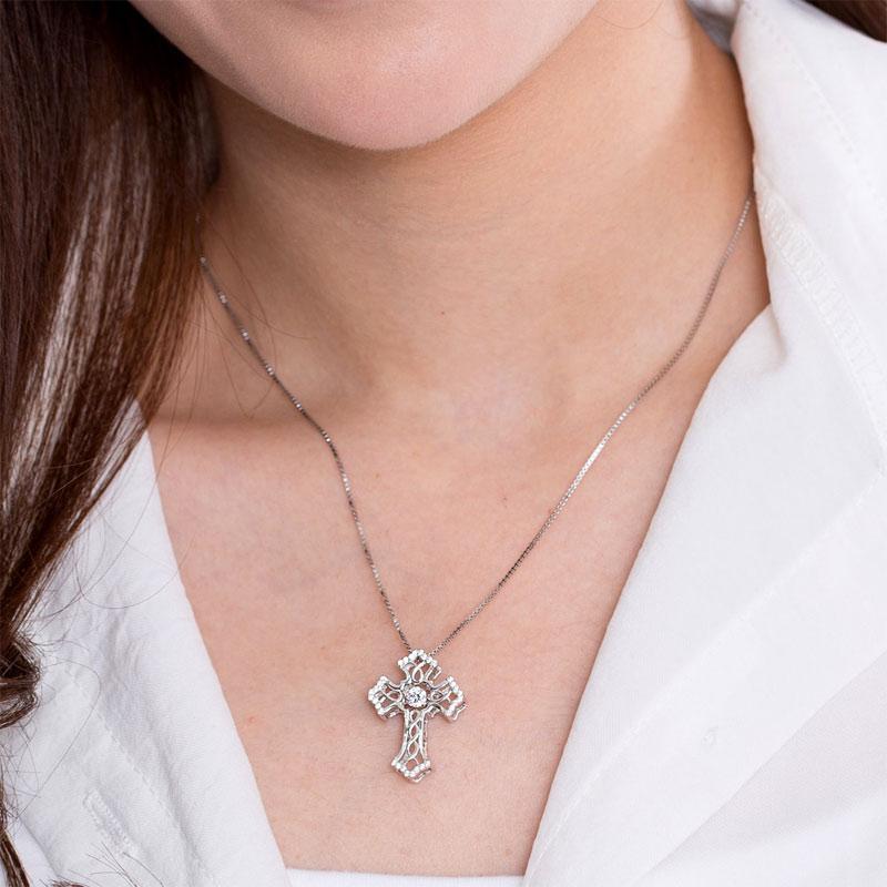 Vintage Style Cross Dancing Stone Pendant Necklace 925 Sterling Silver XFN8080