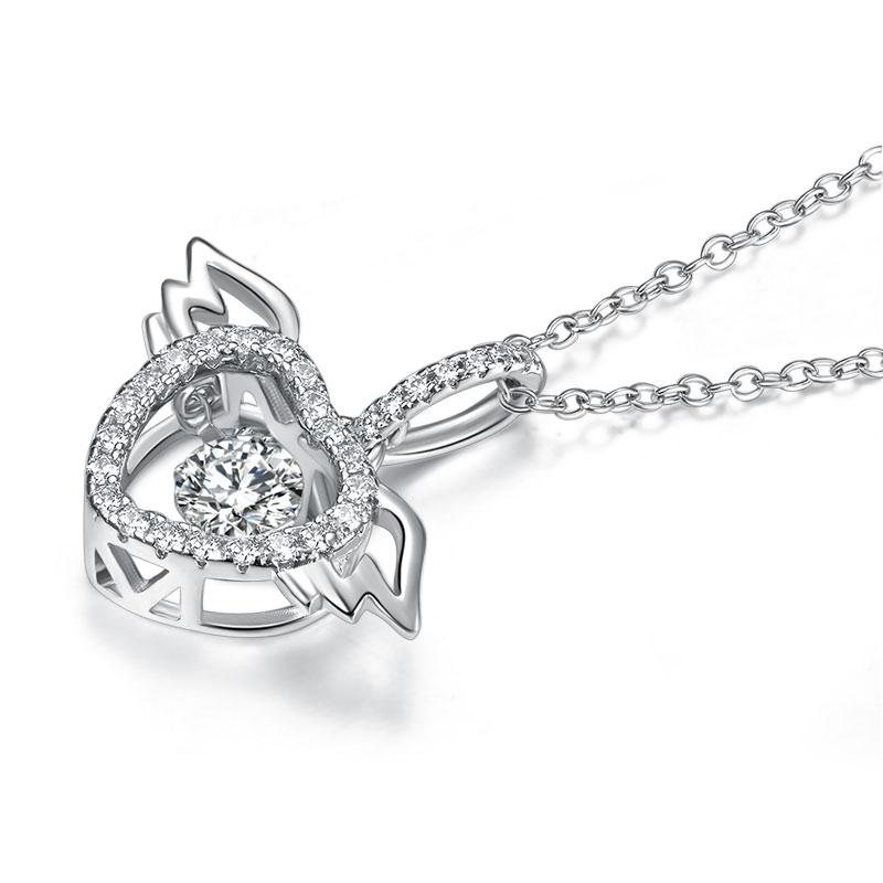 Heart Angel Wing Dancing Stone Pendant Necklace 925 Sterling Silver Good for Wed
