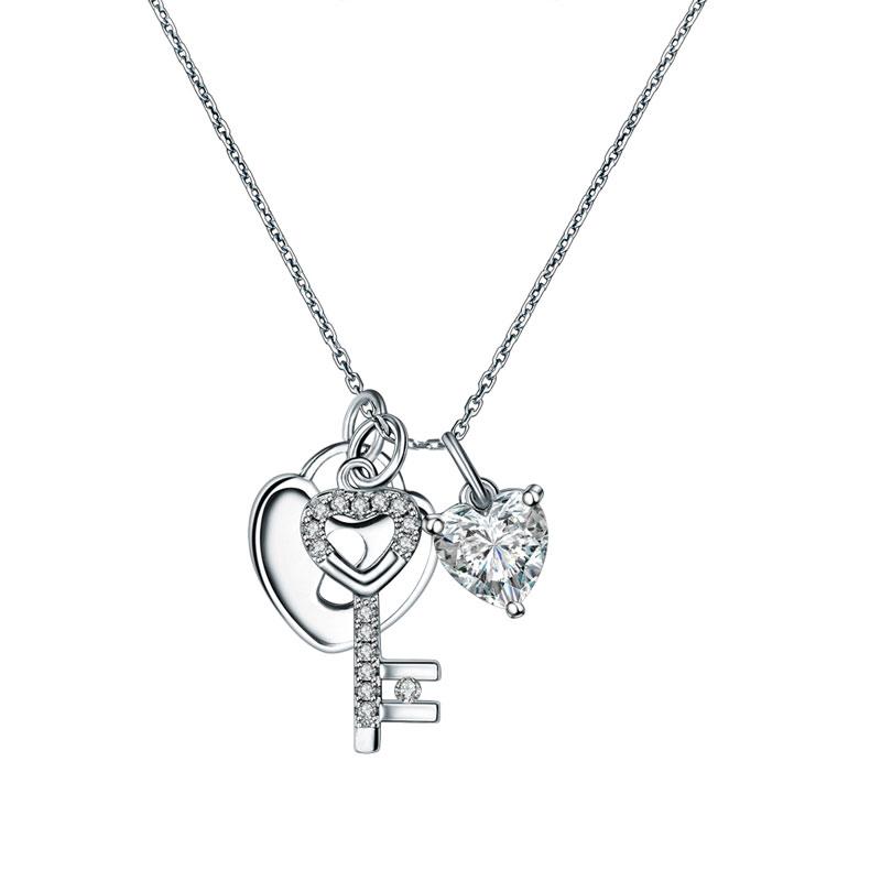 Love Heart Lock Key 925 Sterling Silver Pendant Necklace 1.5 Carat Created Diamo