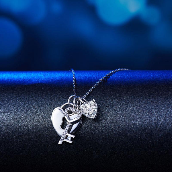Love Heart Lock Key 925 Sterling Silver Pendant Necklace 1.5 Carat Created Diamo