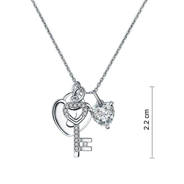Love Heart Lock Key 925 Sterling Silver Pendant Necklace 1.5 Carat Created Diamo