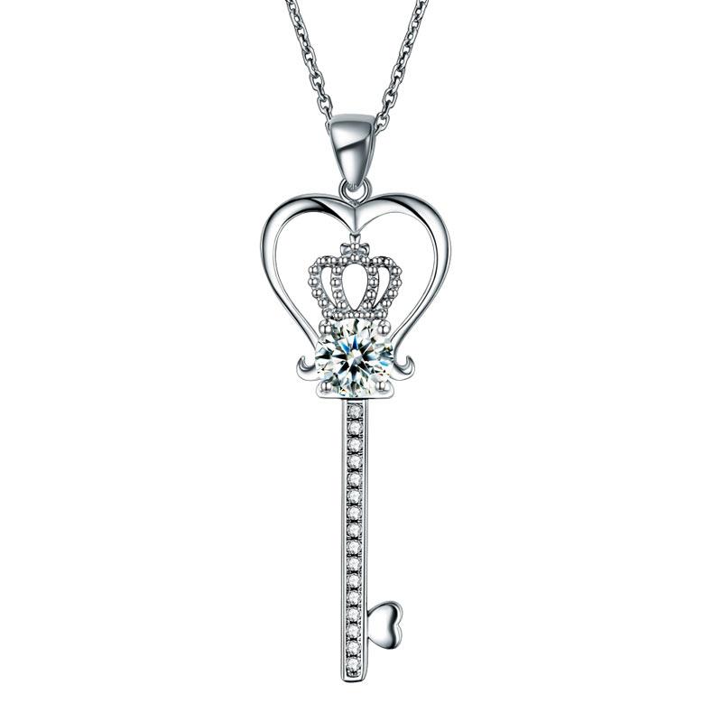 Love Heart Crown Key 925 Sterling Silver Pendant Necklace Created Diamond Jewelr