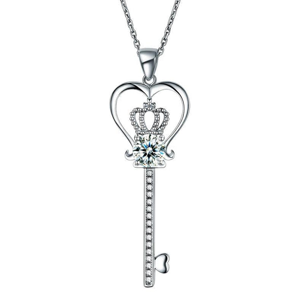 Love Heart Crown Key 925 Sterling Silver Pendant Necklace Created Diamond Jewelr