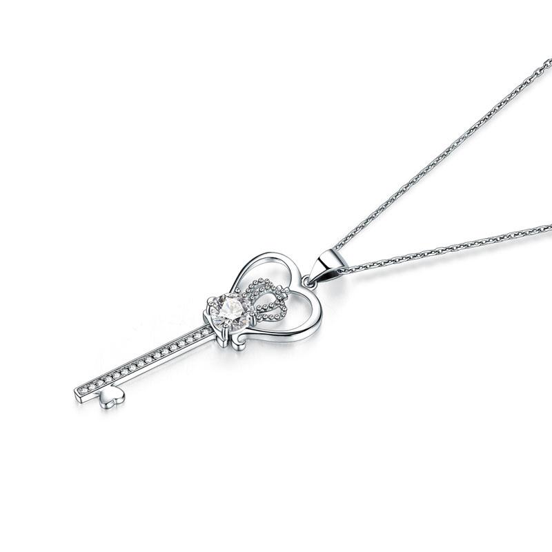 Love Heart Crown Key 925 Sterling Silver Pendant Necklace Created Diamond Jewelr