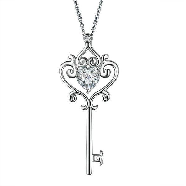 Love Heart Key 925 Sterling Silver Pendant Necklace Vintage Style 1.5 Carat Crea