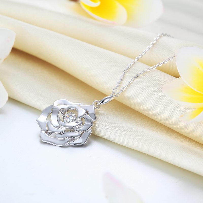 Rose Dancing Stone Pendant Necklace 925 Sterling Silver Good for Wedding Bridesm