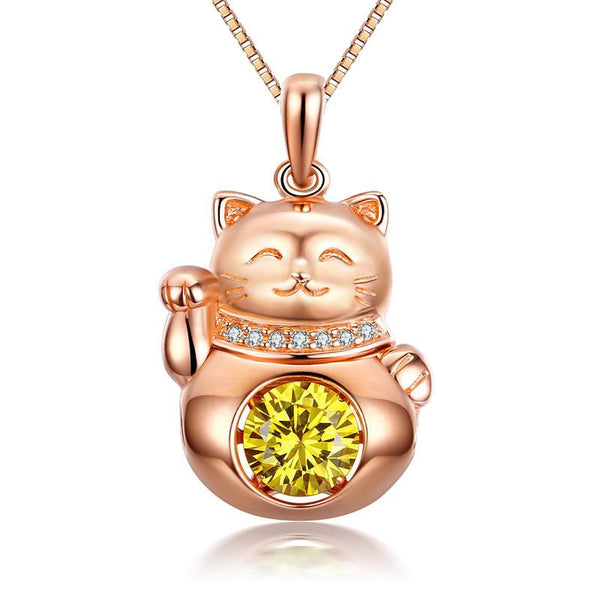 Lucky Cat Dancing Stone Pendant Necklace 925 Sterling Silver Rose Gold Plated XF