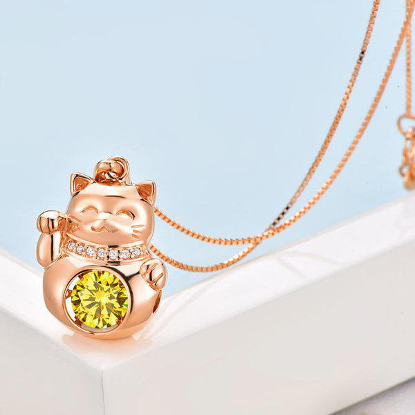 Lucky Cat Dancing Stone Pendant Necklace 925 Sterling Silver Rose Gold Plated XF