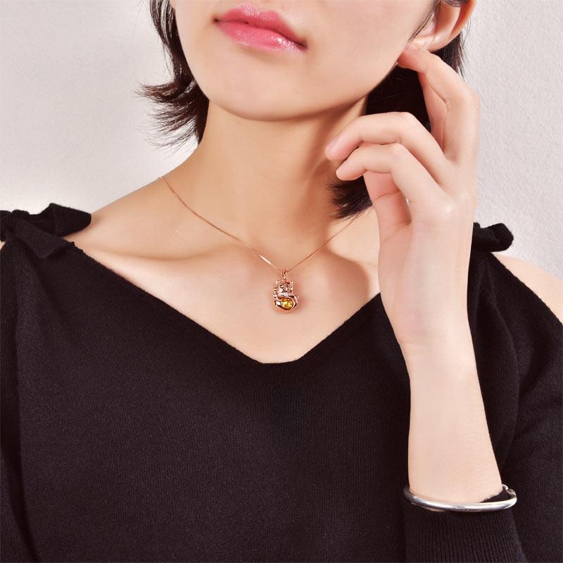 Lucky Cat Dancing Stone Pendant Necklace 925 Sterling Silver Rose Gold Plated XF