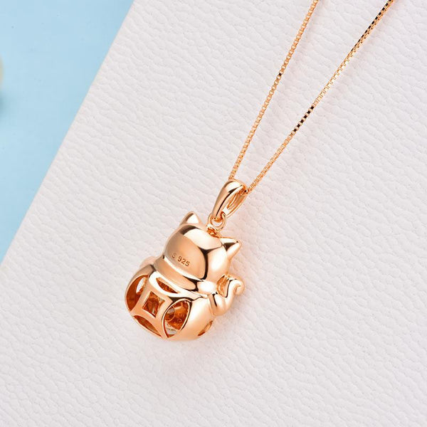 Lucky Cat Dancing Stone Pendant Necklace 925 Sterling Silver Rose Gold Plated XF