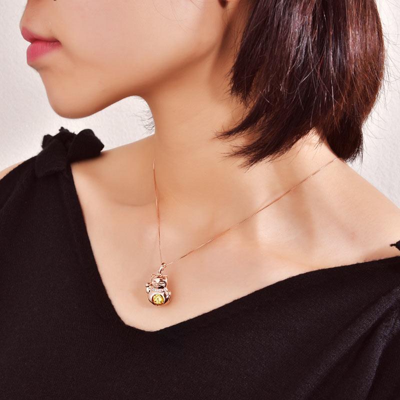 Lucky Cat Dancing Stone Pendant Necklace 925 Sterling Silver Rose Gold Plated XF