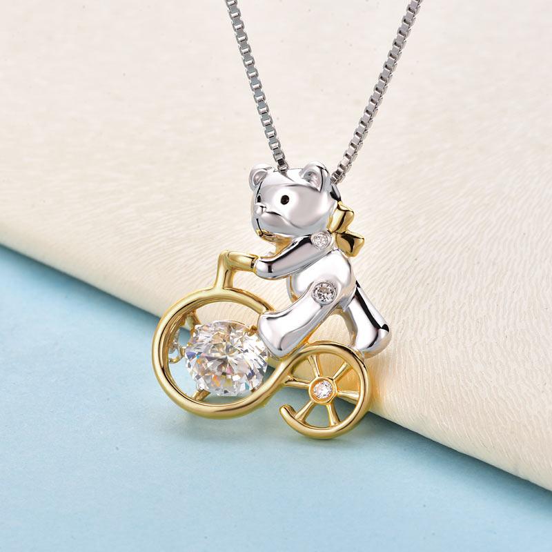 Bear Ride Bicycle Dancing Stone Pendant Necklace 925 Sterling Silver XFN8103