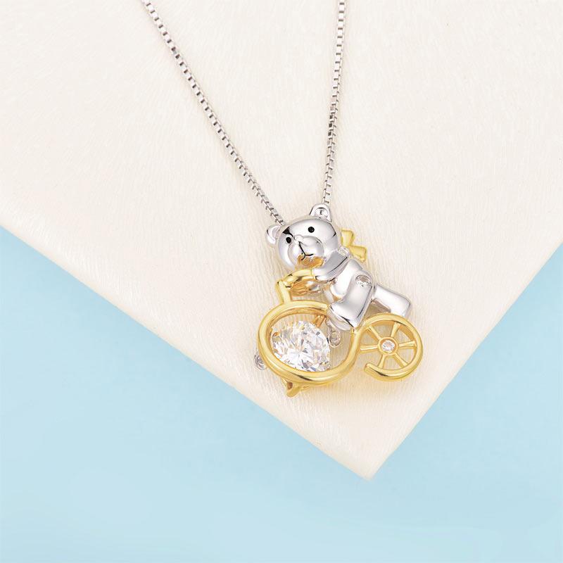 Bear Ride Bicycle Dancing Stone Pendant Necklace 925 Sterling Silver XFN8103