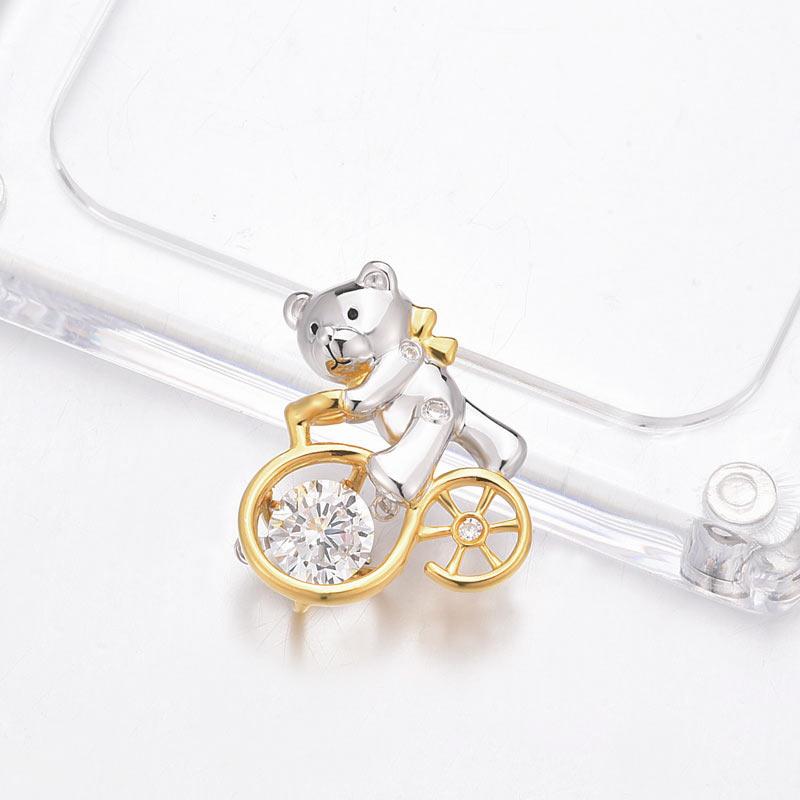 Bear Ride Bicycle Dancing Stone Pendant Necklace 925 Sterling Silver XFN8103