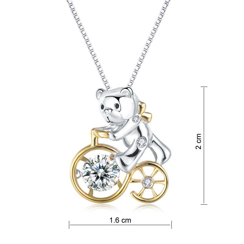 Bear Ride Bicycle Dancing Stone Pendant Necklace 925 Sterling Silver XFN8103