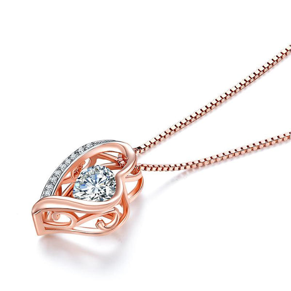 Dancing Stone Heart Pendant Necklace Solid 925 Sterling Silver Rose Gold Plated