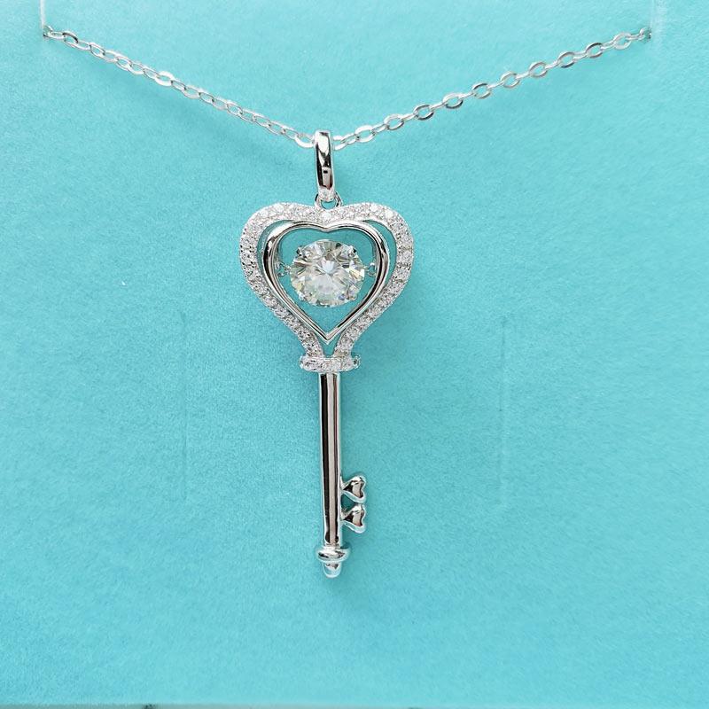 1 Carat Moissanite Diamond Dancing Stone Key Necklace 925 Sterling Silver XFN8138