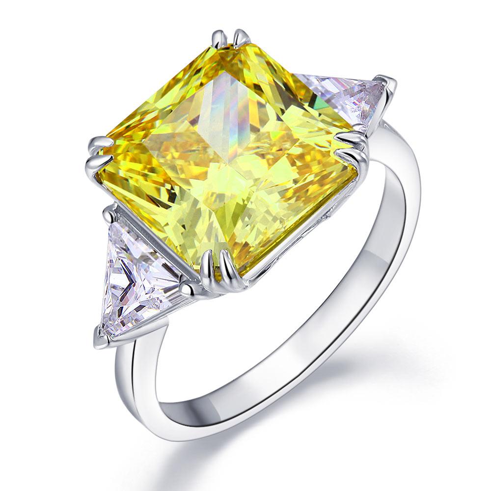 Solid 925 Sterling Silver Three-Stone Luxury Ring 8 Carat Yellow Canary Created