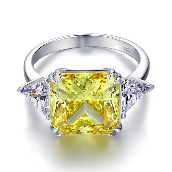 Solid 925 Sterling Silver Three-Stone Luxury Ring 8 Carat Yellow Canary Created