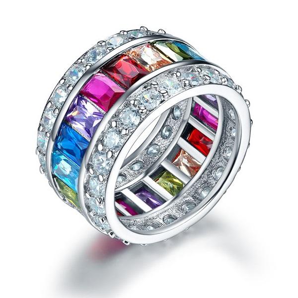 Multi-Color Created Topaz Band Wedding Anniversary 925 Sterling Silver Ring XFR8