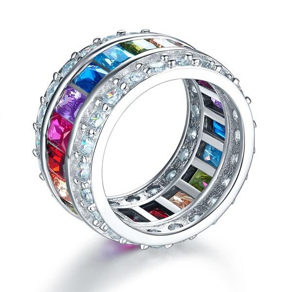 Multi-Color Created Topaz Band Wedding Anniversary 925 Sterling Silver Ring XFR8