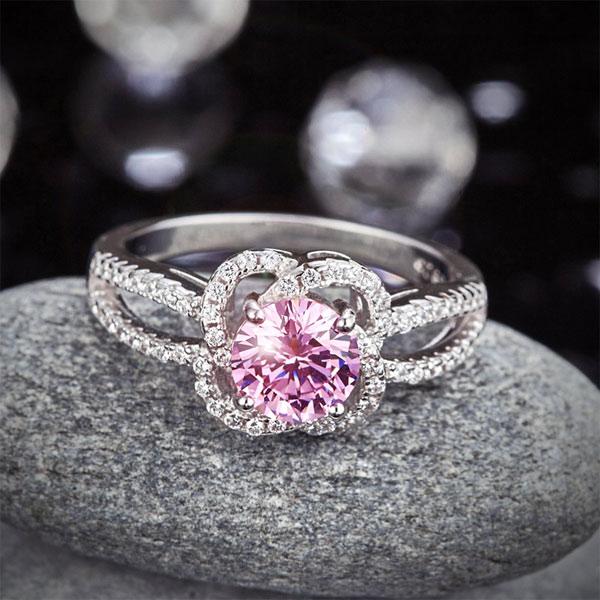 Floral 925 Sterling Silver Wedding Promise Anniversary Ring 1 Ct Fancy Pink Crea