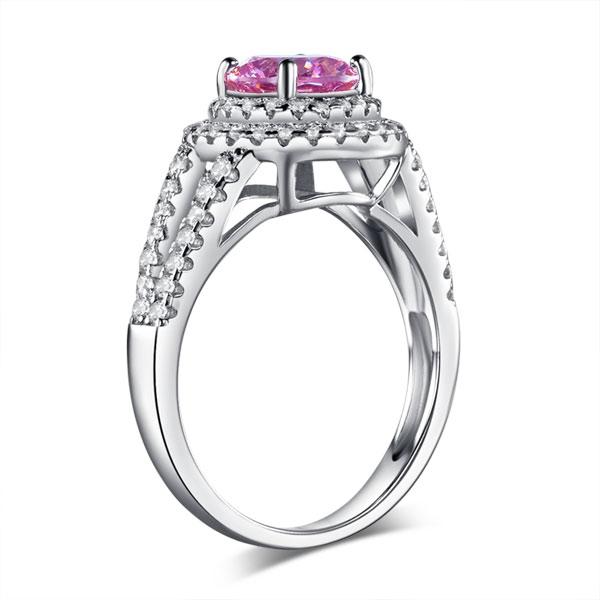 Double Halo 925 Sterling Silver Wedding Engagement Ring 1.25 Ct Fancy Pink Creat