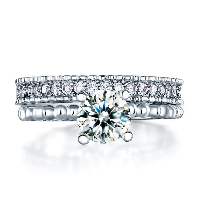 Solid 925 Sterling Silver 2-Pcs Wedding Engagement Ring Set 1 Ct Created Diamant