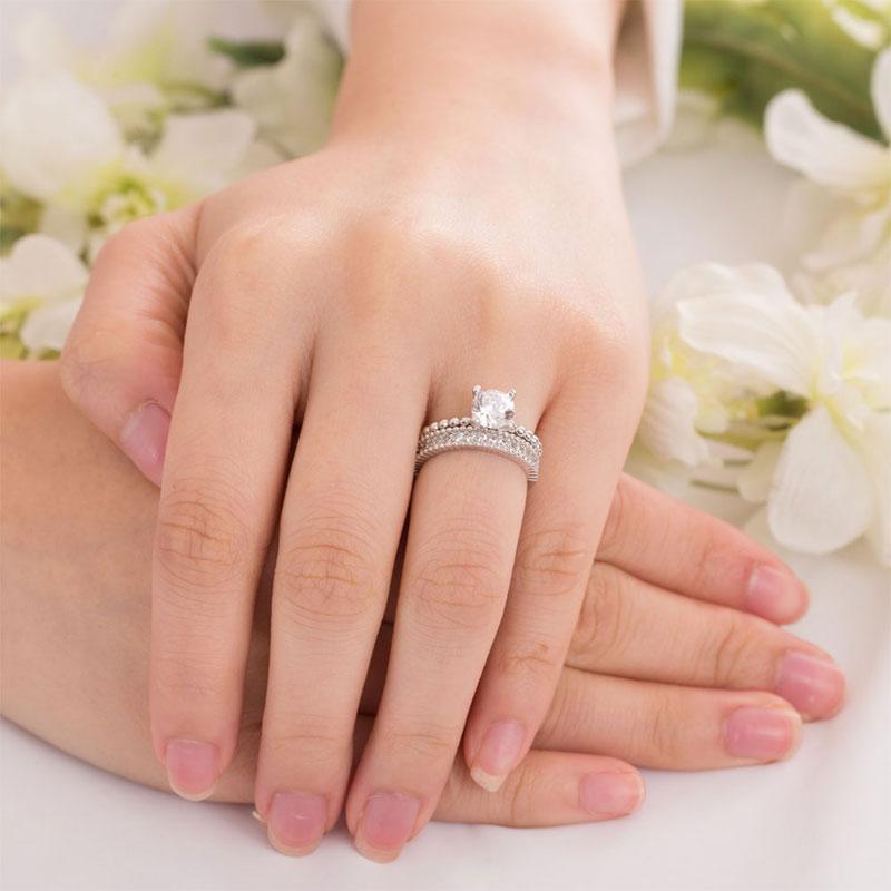 Solid 925 Sterling Silver 2-Pcs Wedding Engagement Ring Set 1 Ct Created Diamant