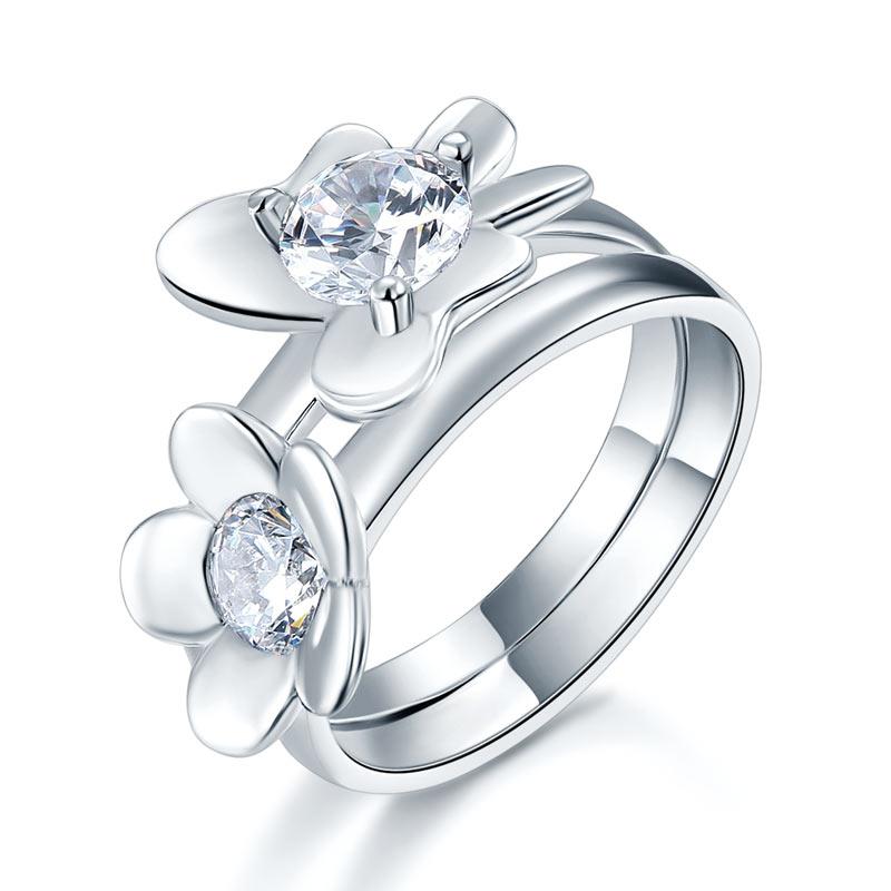 Solid 925 Sterling Silver 2-Pcs Butterfly Flower Ring Set Lady Jewelry 2017 New