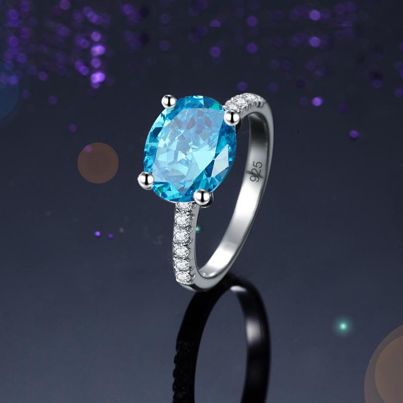 Solid 925 Sterling Silver 4 Carat Anniversary Ring Blue Oval Party Luxury Jewelr